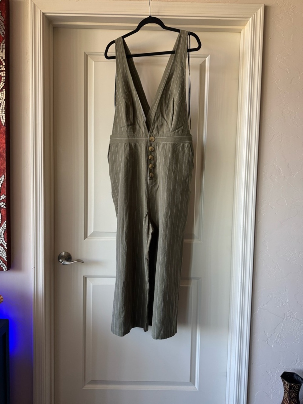 Forever 21 Olive Green Pinstripe V-Neck Button Jumpsuit